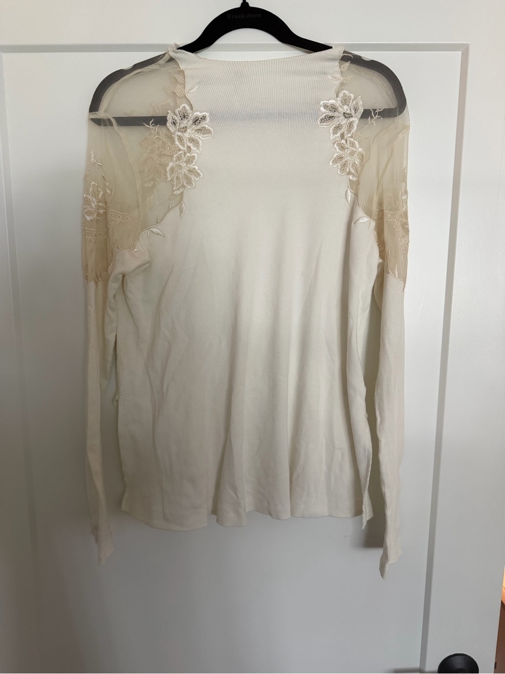 Free People Cream Lace-Applique Long Sleeve Top